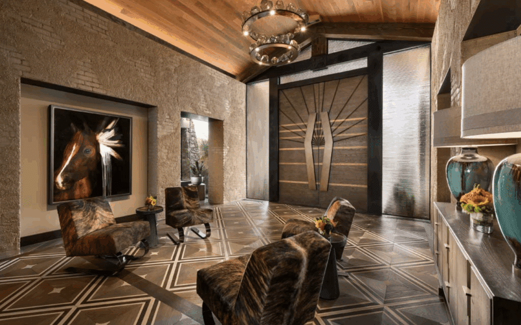 Alternate angle of the lounge with art and tile details.